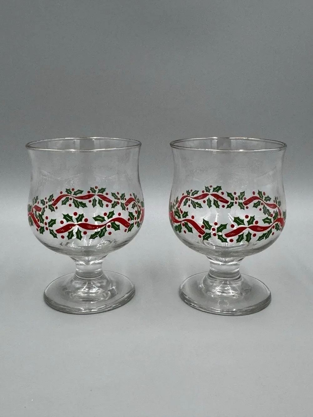 Libbey Christmas Holly Berry Ribbon Goblets Gold Rimmed Holiday Glasses Set Of 2